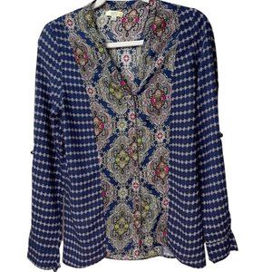 KORI AMERICA Border Print Rolled Long Sleeves Boho Tribal Top Size S